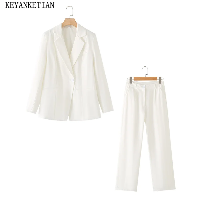 

KEYANKETIAN New Launch Women's Simply Solid color One-Button Suit Zipper High Waist Pants Office Lady Two Pieces Sets Trousers