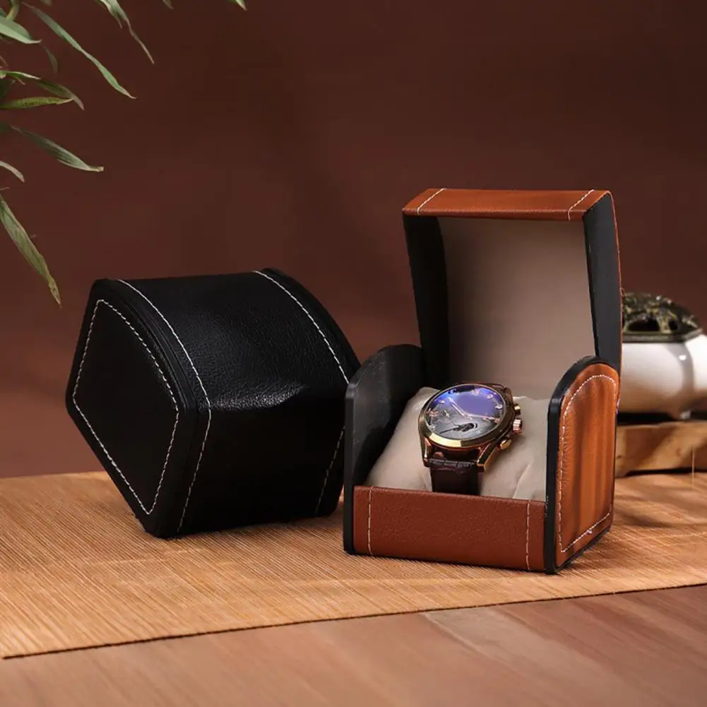 Luxury Leather Watch Case Single Watch Storage Box Single Watch Box with Curved Flip Lid Soft Lining Waterproof Pu for Luxury