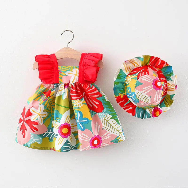 Summer New Girl Baby Strap Dress Fragmented Flower Children's Sleeveless Princess Dress 0-3 Year Old Newborn Comes with Hat