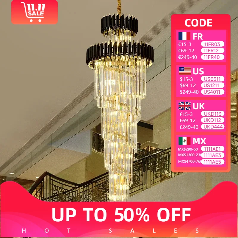Modern Luxury Crystal Chandelier for Loft Black/Gold Led Lights Fixture Villa Lobby Living Room Decor Staircase Long Hang Lamps
