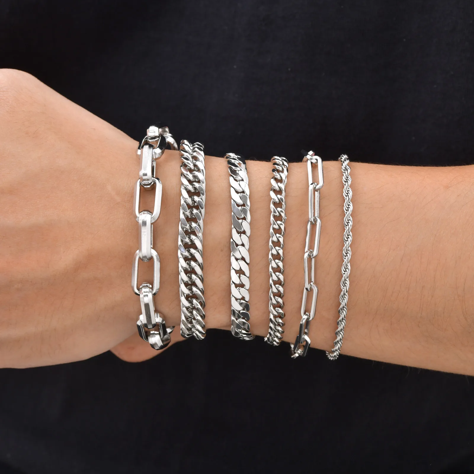 Punk Silver Color Men's Chain Bracelets,Hiphop Stainless Steel Braided Link Wristband,Classic Metal Jewelry Gift for Him Dad