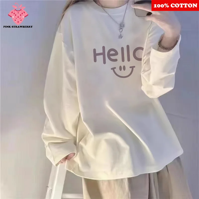 

Женская футболка с забавным узором и принтом, новинка осени 2025, 100% хлопок, большие размеры, белая футболка с длинными рукавами, повседневный топ Y2k, женская одежда