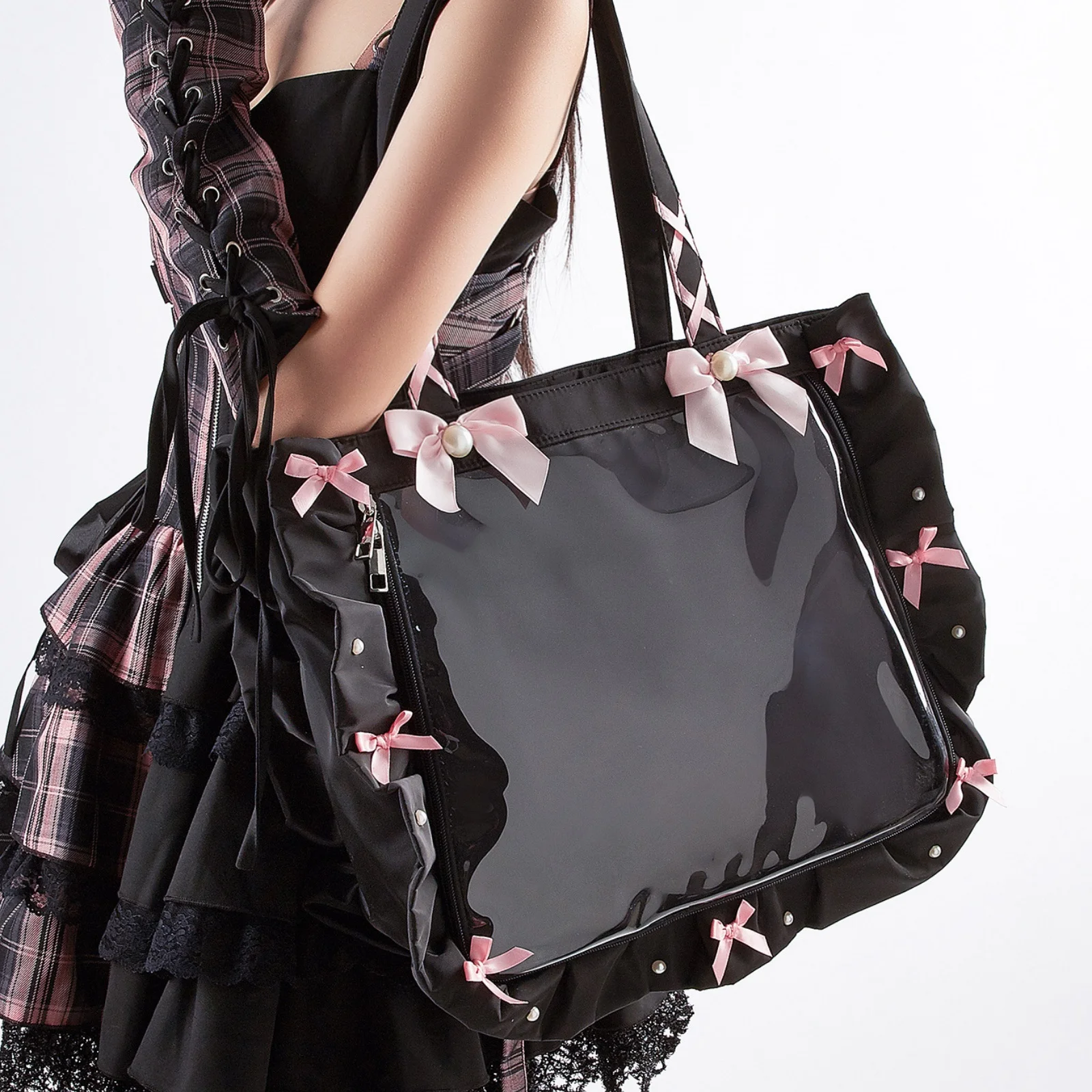 Kawaii Anime Butterfly Knot Transparent Tote Bag Street Style Medium Capacity Casual Unisex Bag with Phone Pocket for Daily Use