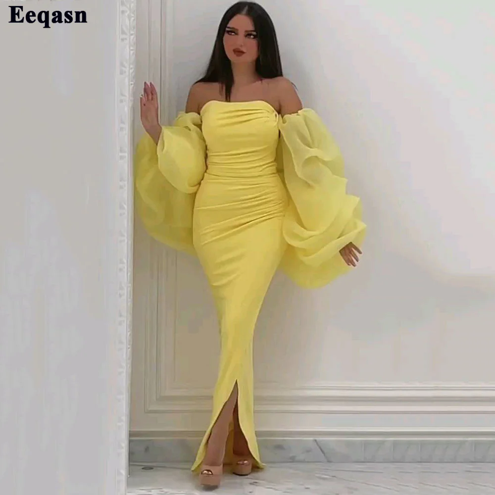 

Bafftafe Yellow Mermaid Saudi Arabia Evening Dresses Long Puff Sleeves Chiffon Women Prom Gowns Slit Formal Event Dress 2022