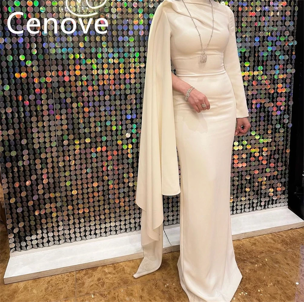 

Cenove Beige High Neckline Tight Prom Dress Long Sleeves With Floor Length Evening Summer Elegant Party Dress For Women