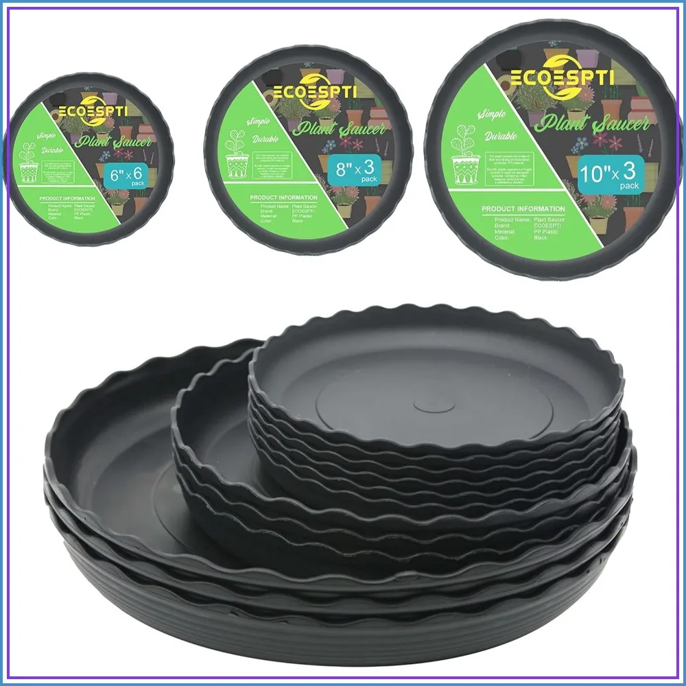 12 Pack Plant Saucers - 6, 8, 10 Inch Durable Plastic Drip Trays for Indoor Outdoor Garden, Black
