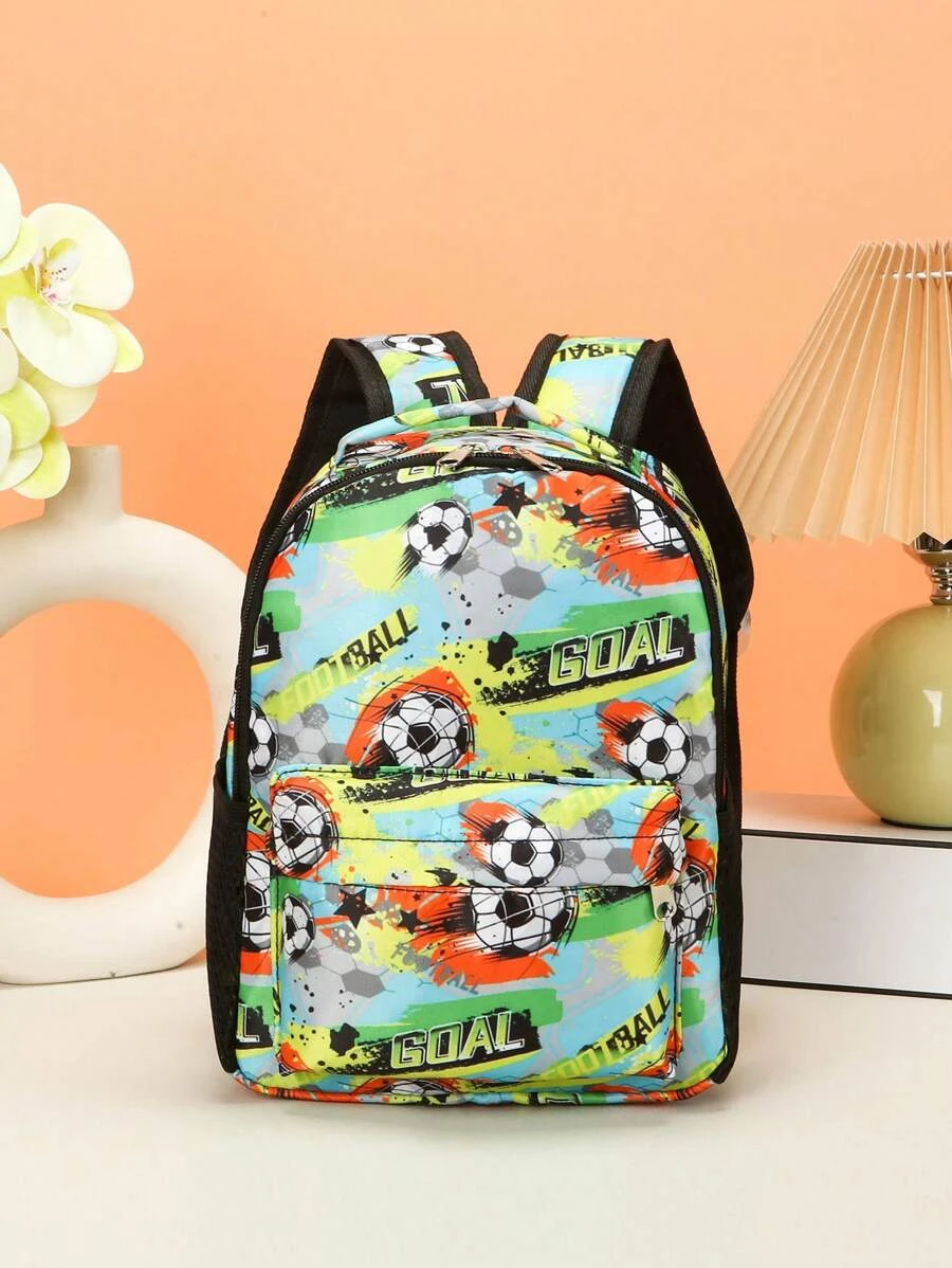 Mochila infantil con estampado de balón de fútbol verde de dibujos animados, ligera y plegable, adecuada tanto para niños como para niñas.