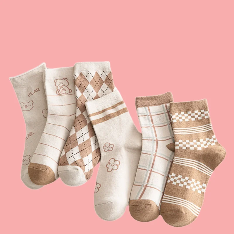 

2/5 Pairs 2024 New Summer Women's Cotton Mid-tube Socks Cute Autumn Long Tube Retro Color Outer Wear Long Socks