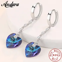 925 Sterling Silver Earrings Heart-Shaped Blue Crystal Zircon Long Earrings For Women'S Wedding Fashion Jewelry Gifts