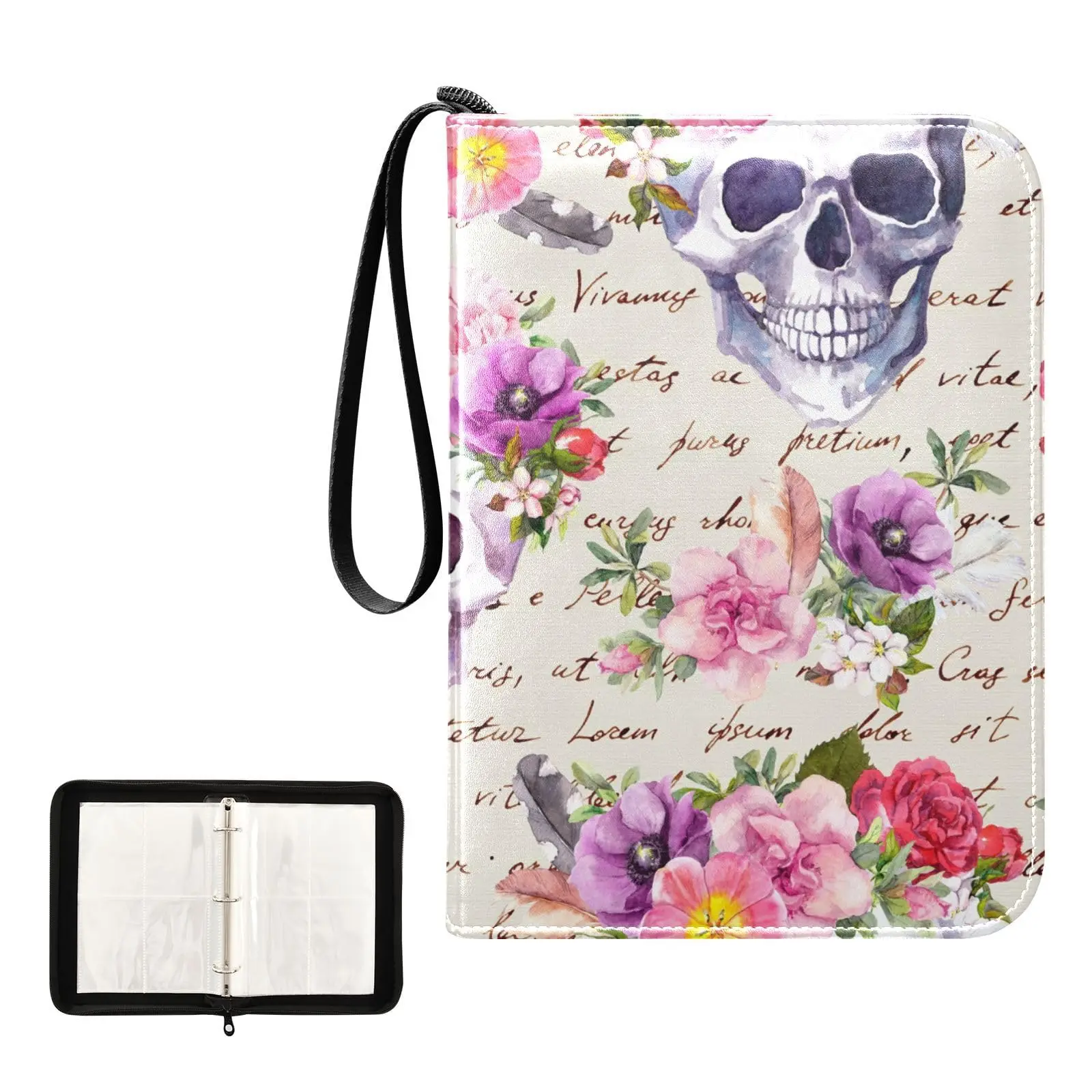 

Skulls Flowers Dia De Muertos 4 Pocket Cards Binder 400 Double Sided Pocket Album Sport Game Card Unique Card Collection Storage