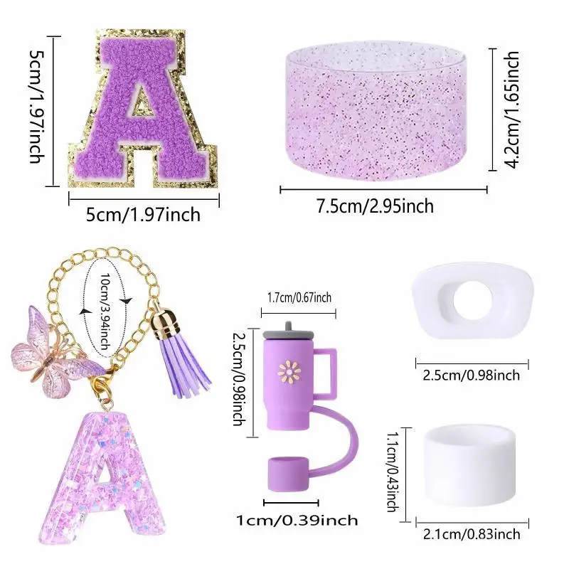 6PCS Accessories Set For Cup Purple 30oz 40oz Tumbler Silicone Straw Topper Cover Cap Boot Handle Charm Initials Sticker