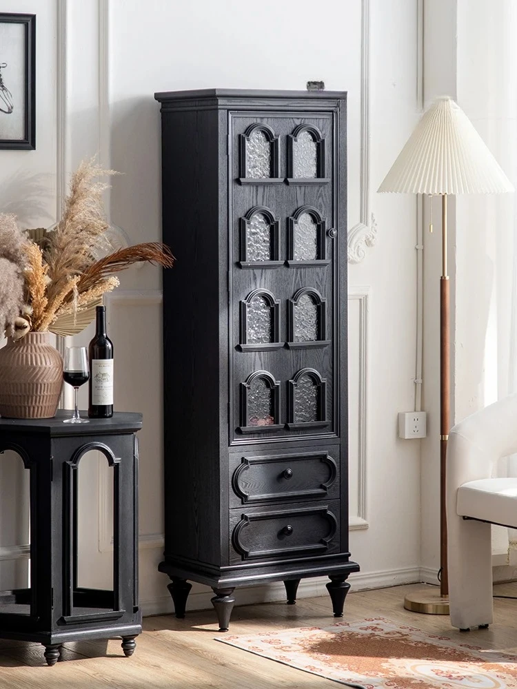 retro side cabinet, water pattern glass, Gothic locker, antique black solid wood wine cabinet, living room against the wa