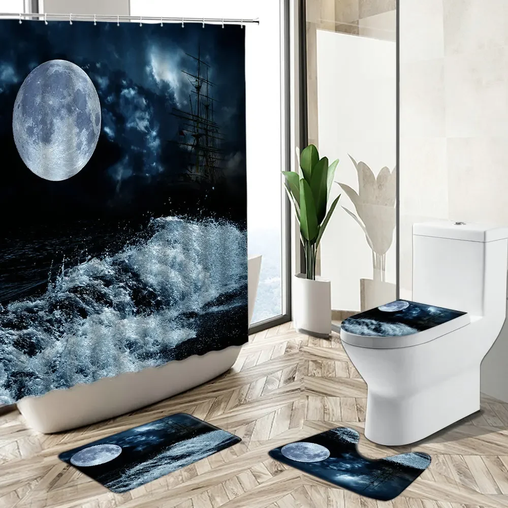 Ocean Night View Shower Curtain Wave Boat Natural Landscape Photography Non-Slip Pedestal Rug Toilet Cover Bathroom Decor Set