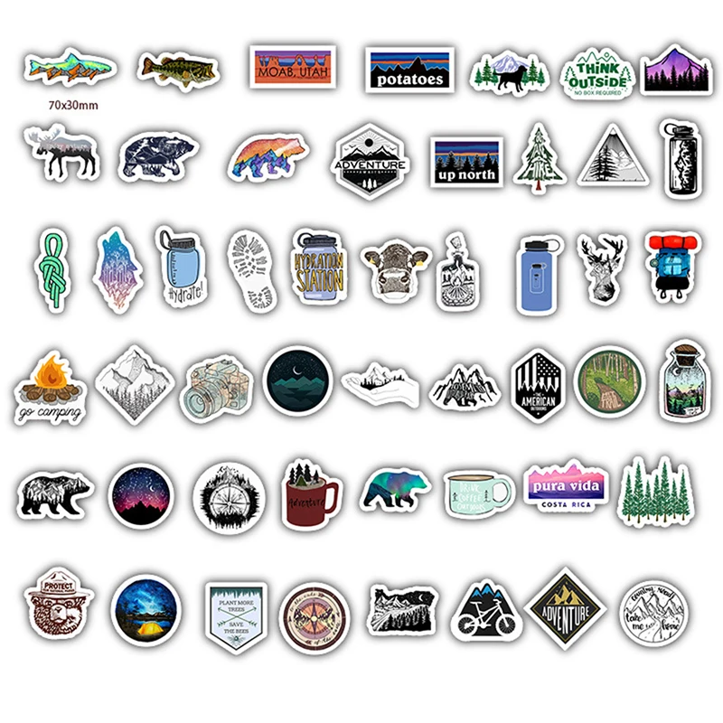 Outdoor Nature Camping Adventure Stickers 50 Sheets for Laptop Water Bottle Luggage Bicycle Skateboard Decals