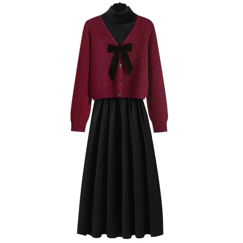 

Casual Two Piece Set Women Long Sleeve High Neck Pullover Midi Dress Fashion Autumn Winter Sweater Suit Dresses