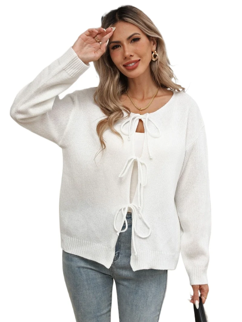 

Sweater jacket round neck bow tie casual knitted cardigan women