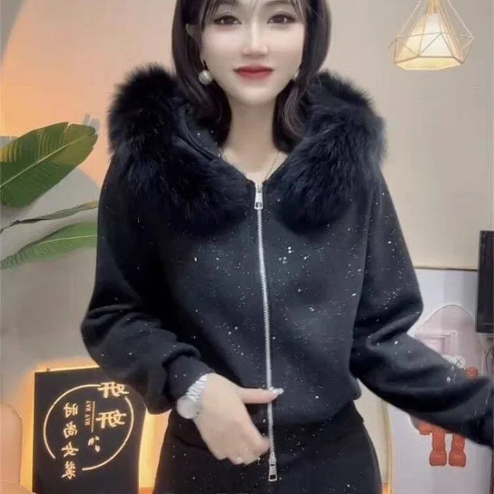 

Trendy Fleece Lined Wide Leg Pants Set with Hood And Fur Trim Sparkling Winter Outfit High Waist Loose Fit Short Sleeve