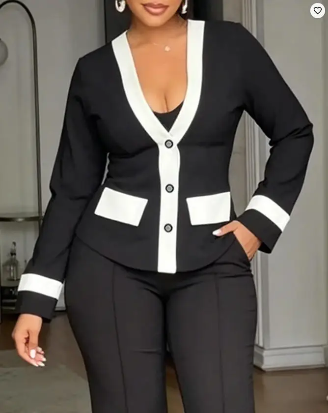 Women's Fashion Contrast Binding Coat 2026 Spring New Casual Slim Fit V-Neck Jacket Button Front Office Business Workwear