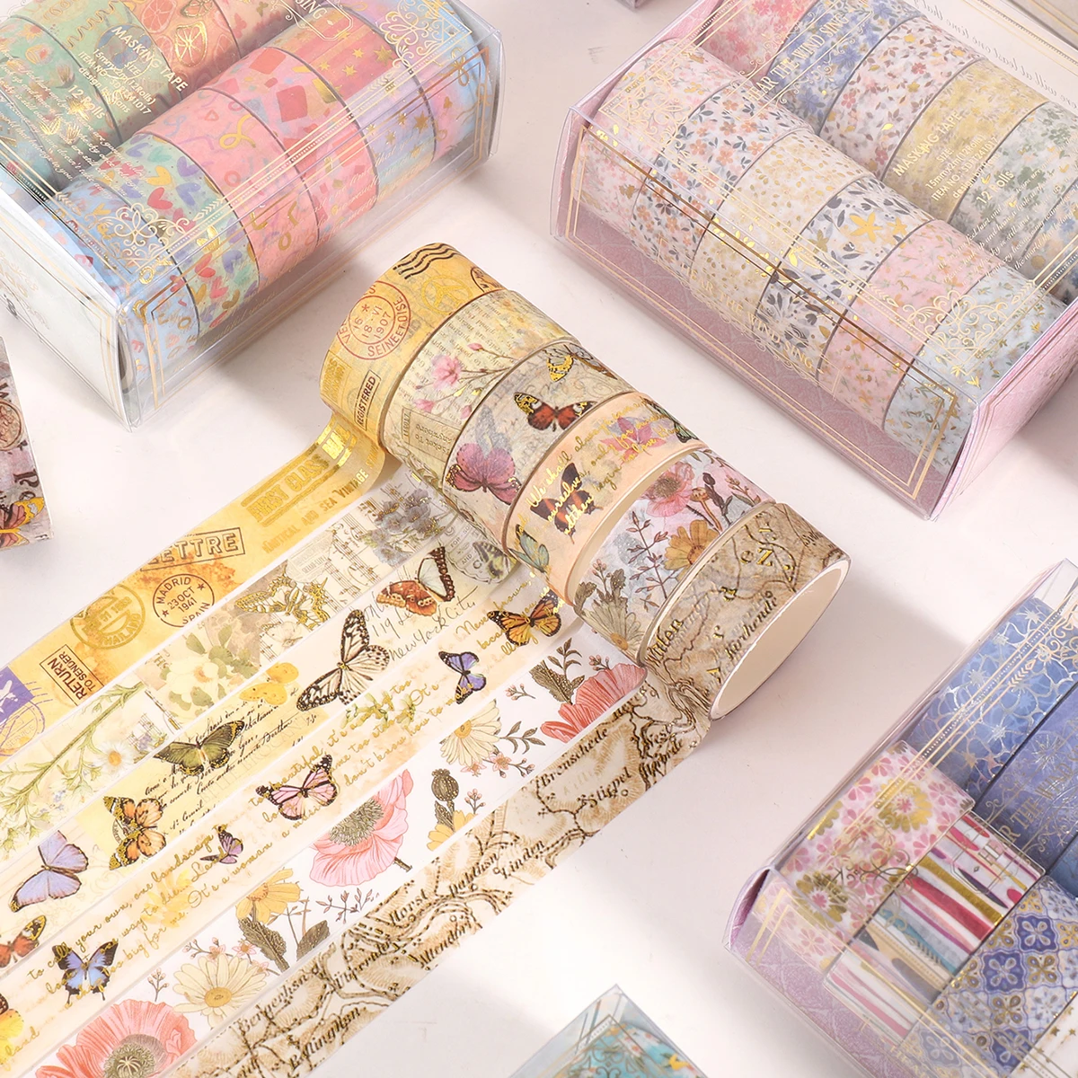 12 rolls/box of creative hot foil washi tape, suitable for DIY photo album scrapbooking decoration supplies, exquisite gift