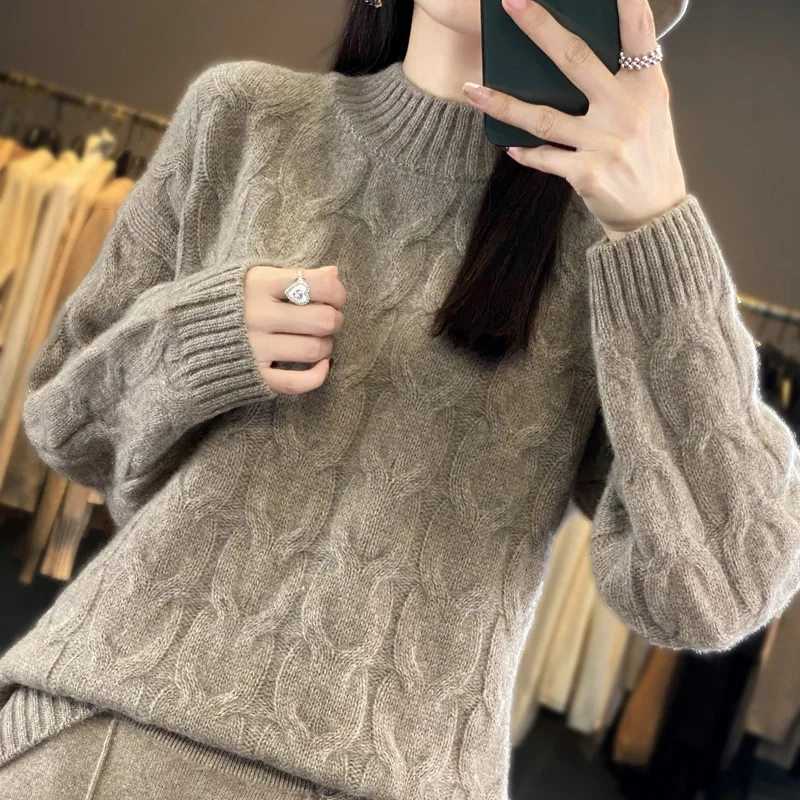 Autumn and Winter New Women's Sweater 100% Wool Cashmere Half High Neck Knitted Pullover Loose Fashion Thickened Women's Top