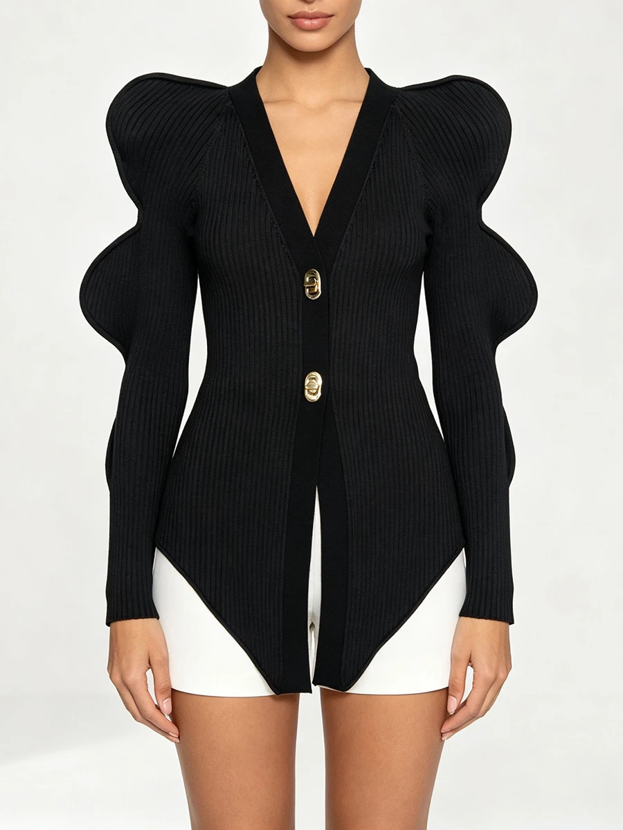 TWOTWINSTYLE Fit Metal Buckle Knit Special Sweater for Women V Neck Long Sleeve Casual Slimming Sweater Female Fashion New Style