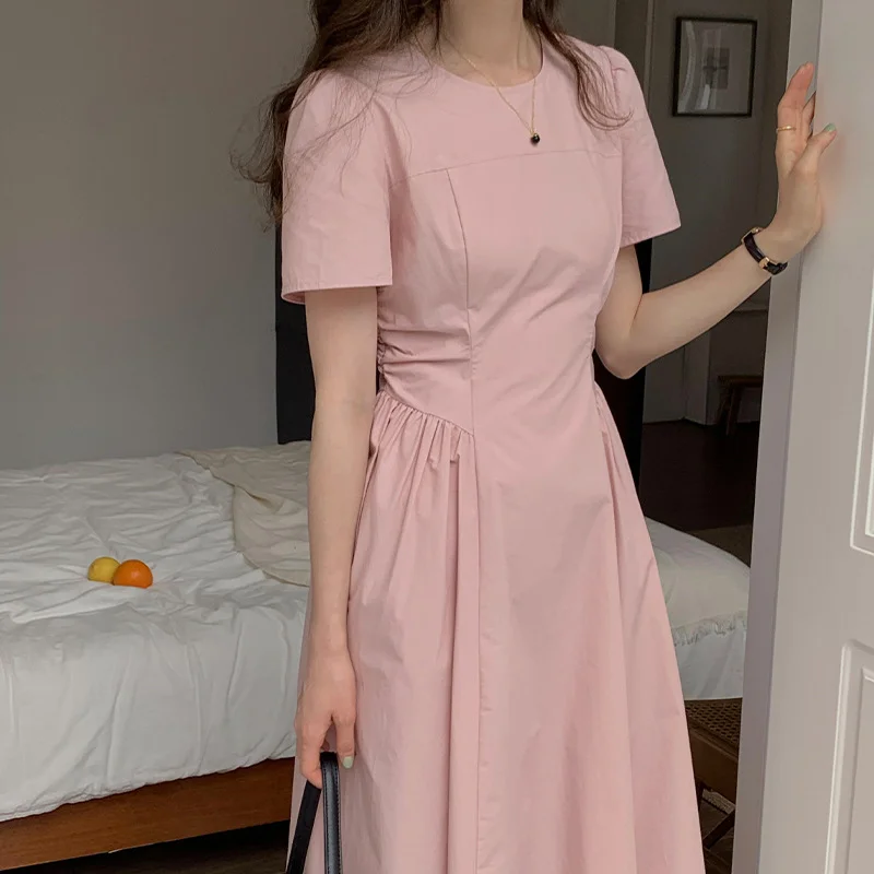 Blue Dresses Women 2023 Summer New Niche Retro Slim Waist Pleated Bubble Short-sleeved Round Neck Long Dress Simple Style Zipper