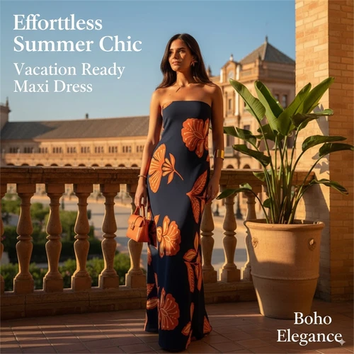 Imagen 2 del producto Vestido largo sin tirantes con estampado floral para mujer Traje largo de vacaciones estilo tubo ajustado - Look Summer Island