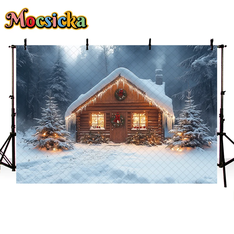 Mocsicka Winter Christmas Photography Background Snowy Forest Pine Tree Xmas Kids Family Portrait Decor Backdrop Photo Studio