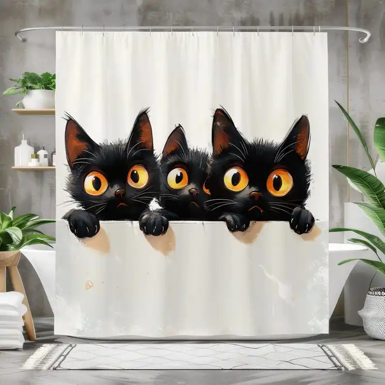 

Cute Black Cat Shower Curtain - Bath Curtain for Cat Lovers, Waterproof Fabric Bathroom Decor, Animal-Themed Bath Accessory