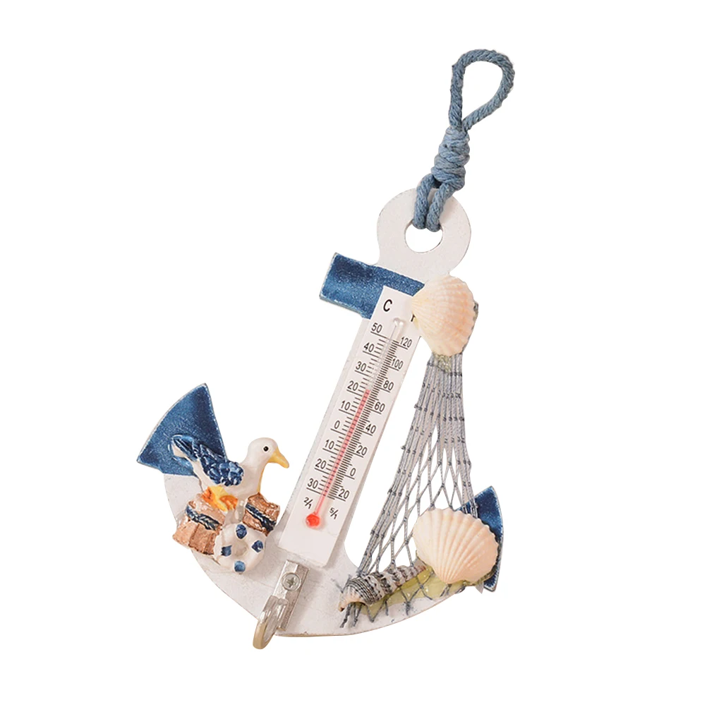 

2Pcs Nautical Decor Mini Thermometer Anchor Wall Hooks Sweet Design for Bedroom and Photography Background Setting