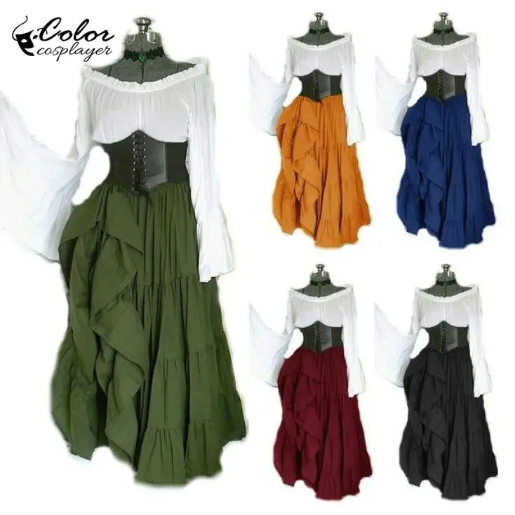 

Vintage Loose Sleeve Dress Women Renaissance Drawstring High Waisted Long Dress Medieval Cosplay Costumes European Style Outfit