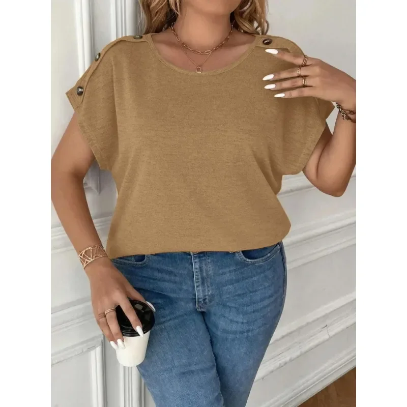 

Plus Size 1XL-5XL New Women's Casual Solid Color Fashionable Button Round Neck Versatile T-shirt