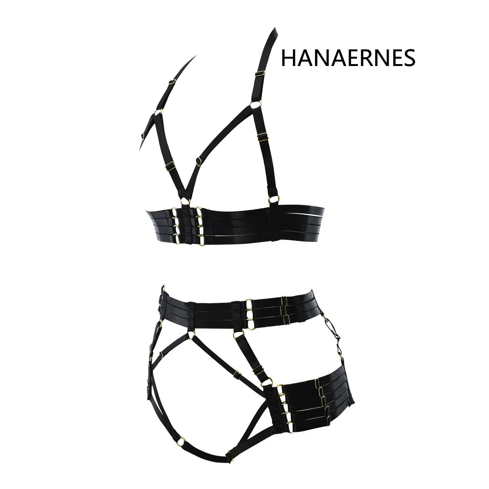 HANAERNES Elastic Adjustment Punk Dance Carnival Costume Gothic Suspender Bra Women's Black Tight Top Garter Sexy Lingerie Set