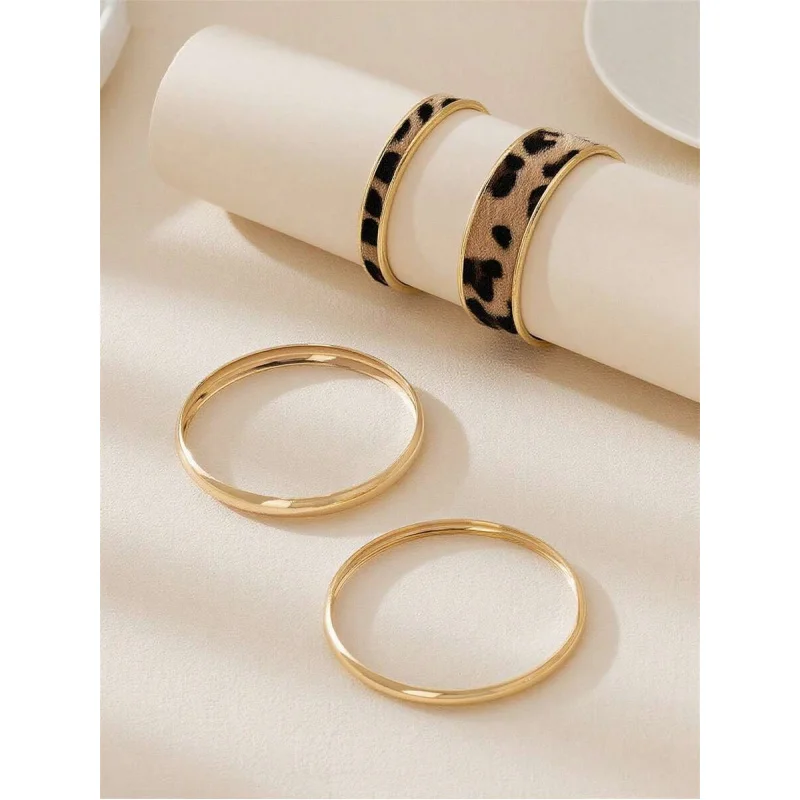 4pcs Luxury Leopard Print Solid Metal Bangle Set, a Bold Statement for Banquet, Party & Daily Glam