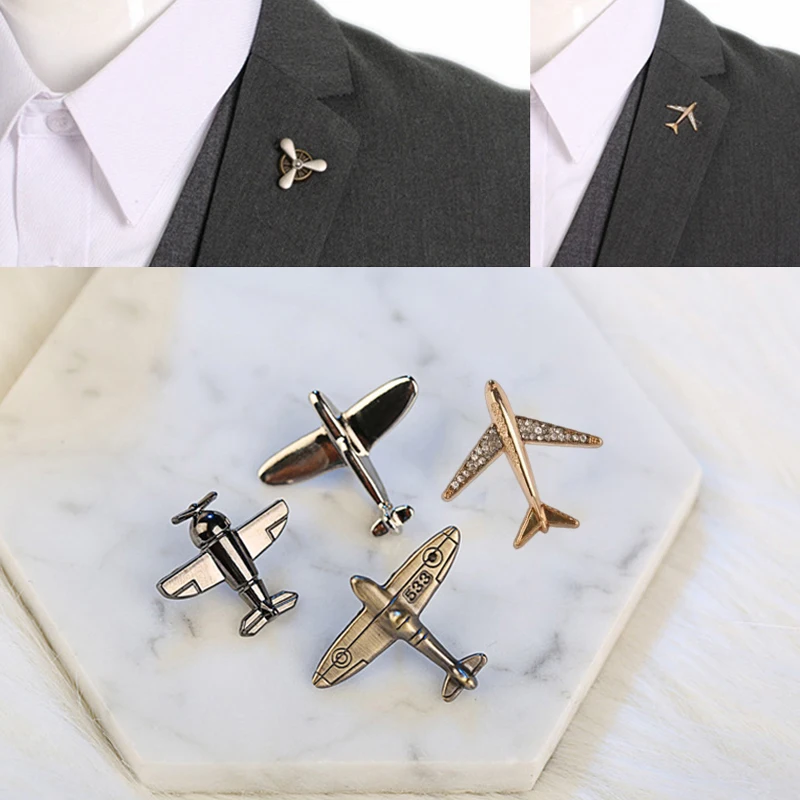 Fashion Airplane Brooch Mini Metal Crystal Enamel Lapel Pin Shirt Suit Collar Retro Airplane Aircraft Badge Clothing Accessory