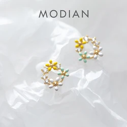 Modian Romantic Enamel Three Little Flower Stud Earrings for Women 925 Sterling Silver Dazzling Clear CZ Earring Luxury Jewelry