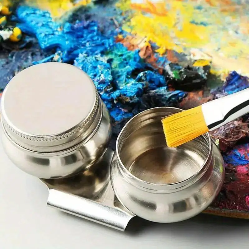 1pc /2pcs Oil Pot Palette Stainless Steel Drum Painting Palette Oil Paint Pot Single Double Hole Dipper Art Painting Supplies