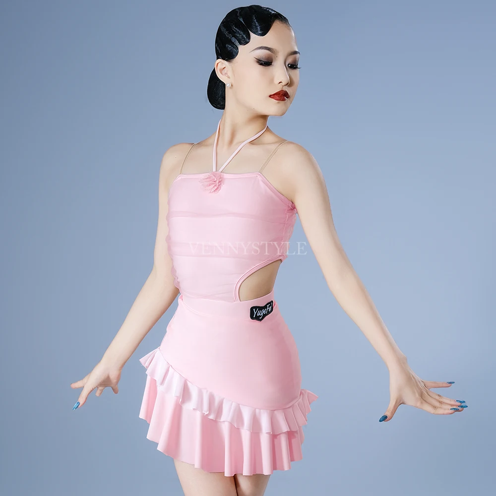 

Vennystyle Latin dance costume girls pink princess double layer pleated skirt spaghetti strap practice outfit summer