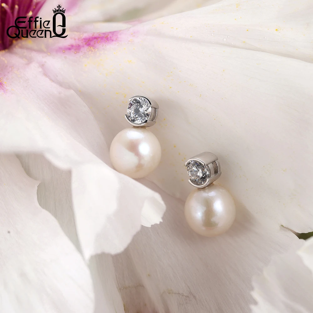 

EFFIE QUEEN 925 Sterling Silver Freshwater Pearl Earrings with Shiny White Cubic Zirconia Elegant Luxury Fine Jewelry GPE137