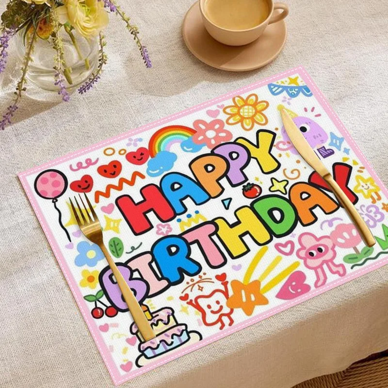 

Birthday Placemat Cartoon Colorful Happy Birthday Rainbow Balloon Cake Stars Flowers Party Decorations Placemats for Table Mat