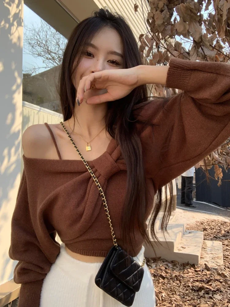 Ezgaga Two Piece Set Women Cropped Sweater Bow Pullover Long Sleeve Sexy Knitted Vest Solid Stretch Suits Female Elegant