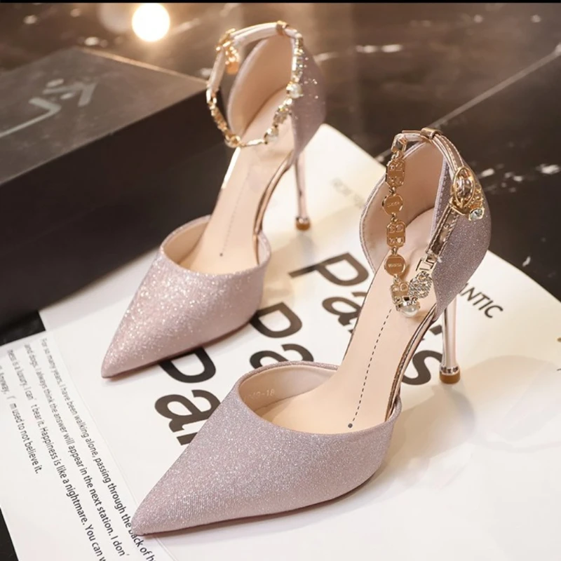 Silver Stiletto High Heel Party Wedding Shoes Women Fashion Ankle Beaded Buckle Pointed Toe Pumps Women Shallow Mouth Pumps view 6