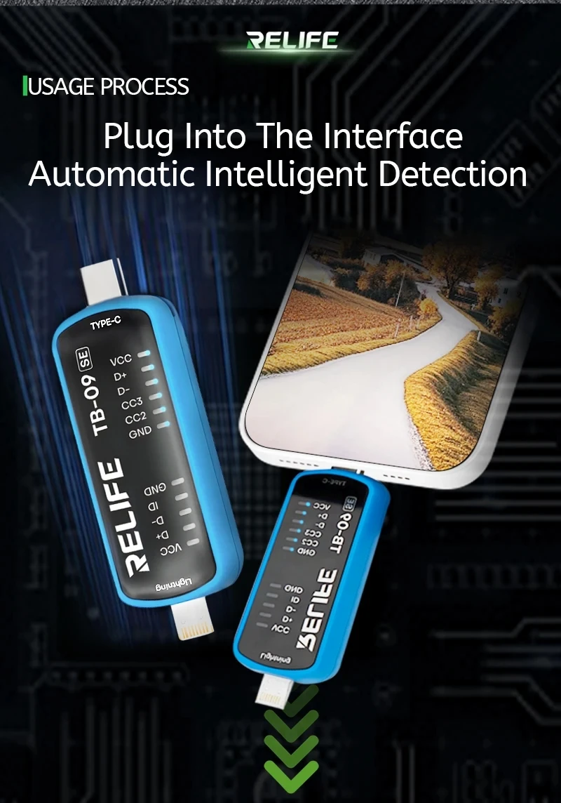 RELIFE TB-09 SE Charging Port Tester Dual Plug Lightning Type C Fast Fault Detection Tool for Phone Repair