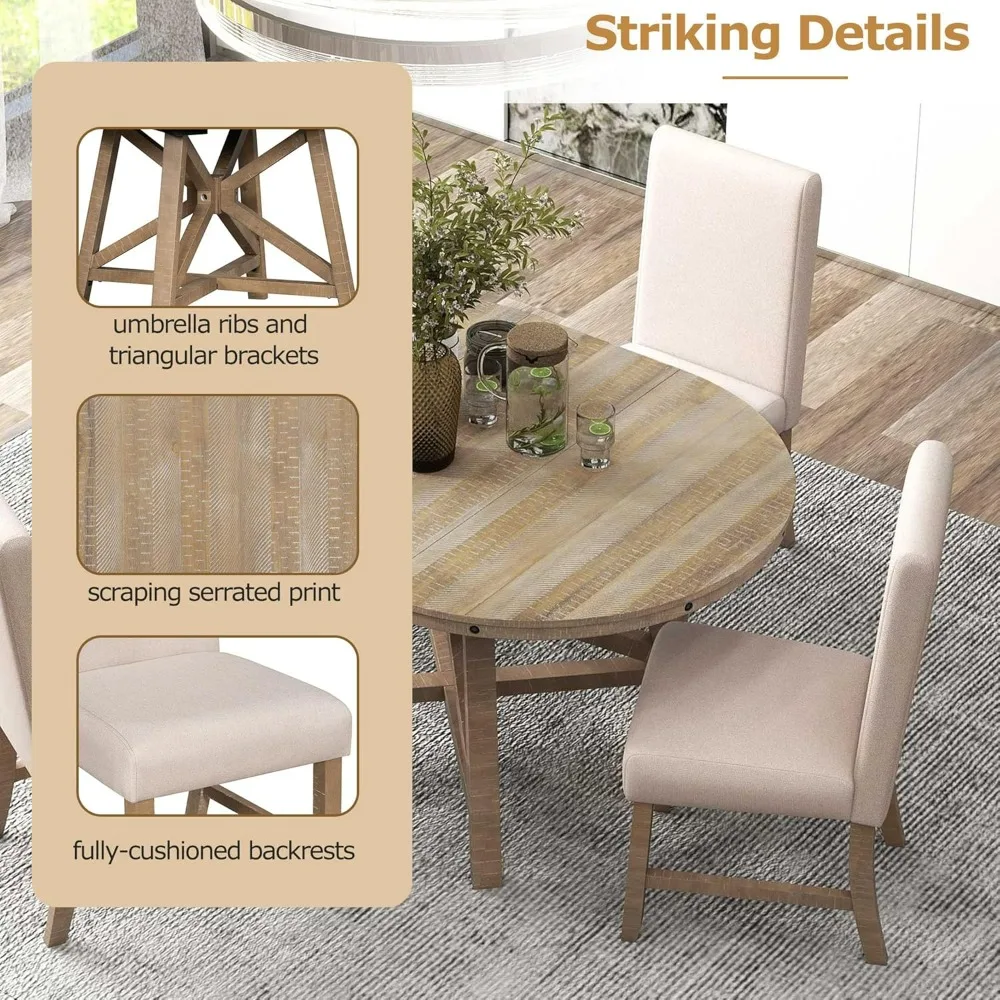 5-Piece Retro Dining Set, Table Set for 4 with Round Table and Removable Middle Leaf, including 4 Chairs, Kitchen Table Sets