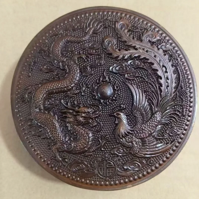 Chinese Dragon Phoenix Relief Box Antique Round Metal Ink Box Storage Box, Feng Shui Collectible Ornament  Home Decor