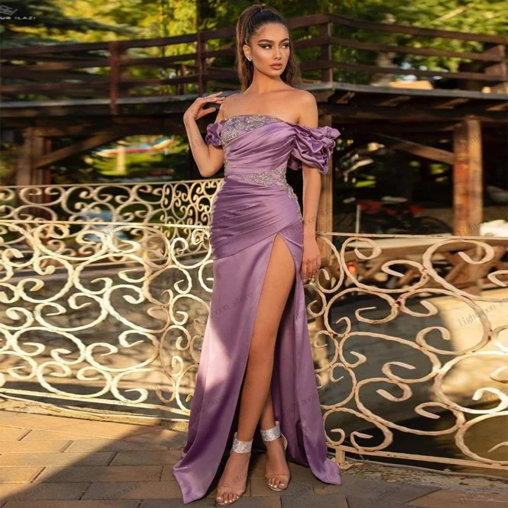 

Vintage Evening Dresses Gorgeous Prom Dress Boat Neck Sheath Mermaid Beading Appliques Sexy Robes High Slit Vestidos De Noche