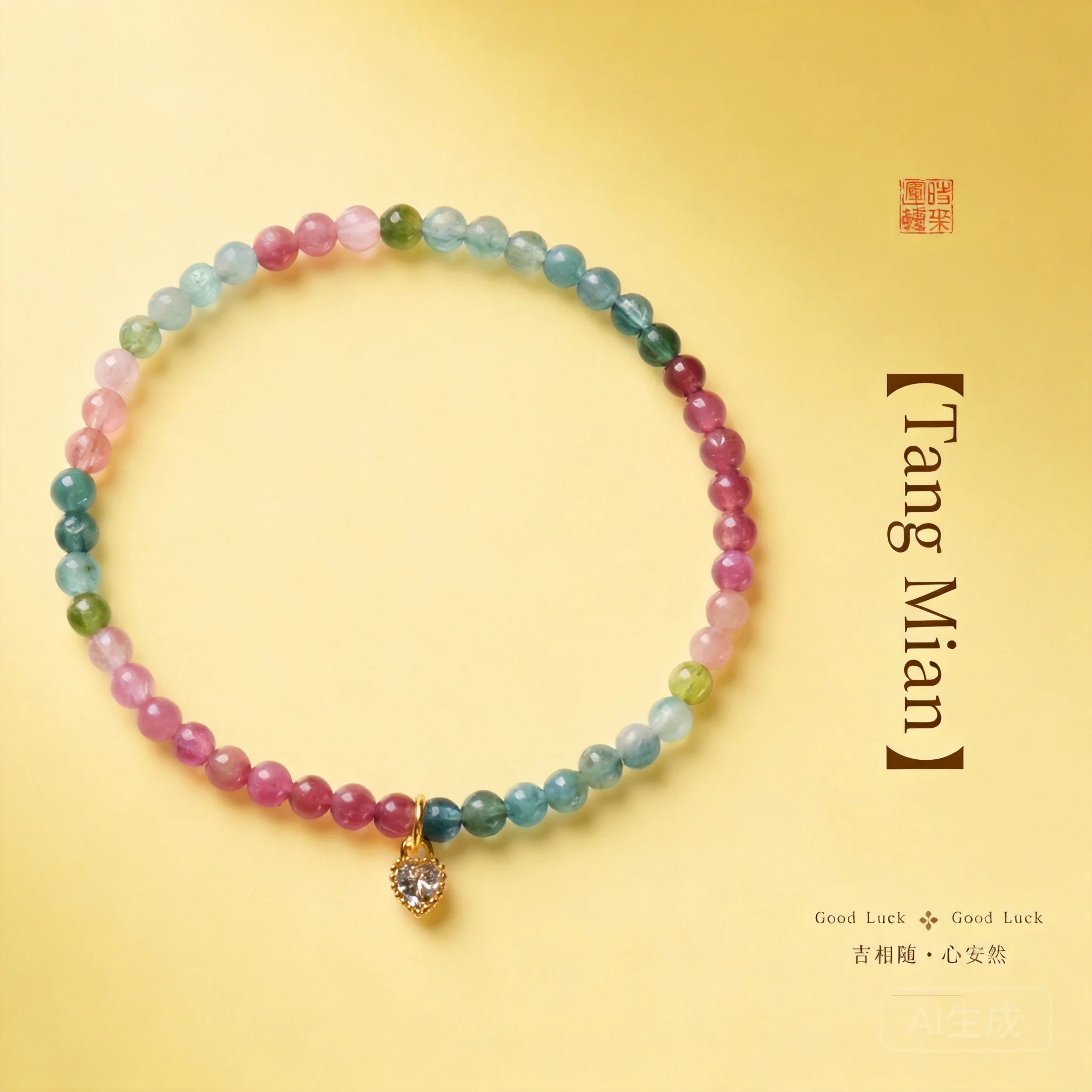 Snqp Chinese Style Auspicious Natural Candy Tourmaline Bracelet 4mm Beads Sparkle Heart Pendant Blessing Fortune Good Luck Jewel