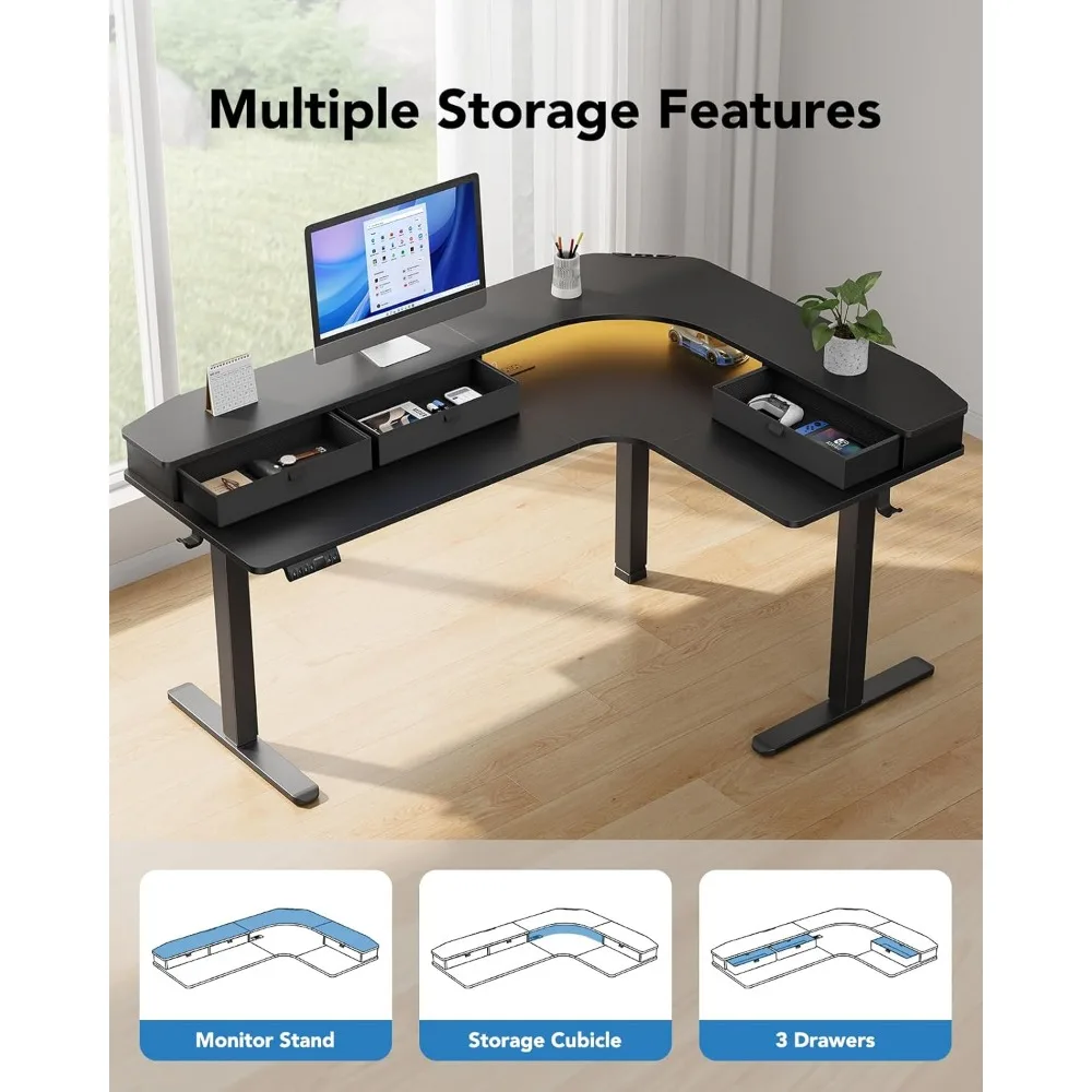 

65″ L-Shaped Standing Desk with Power Outlets & LED Strip, Electric Height Adjustable Corner Computer, Computer Desks