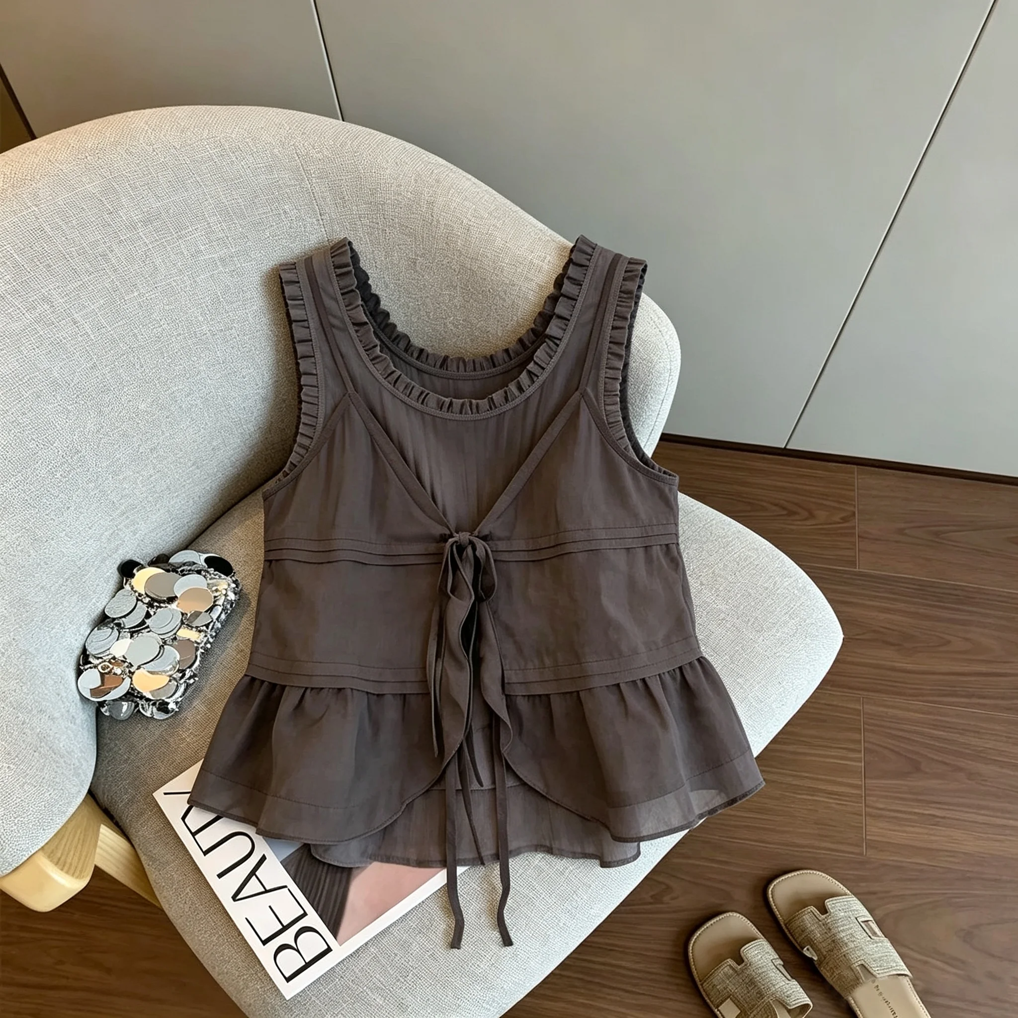 

Loose Fit Two-Tone Vest Top Casual Style Long Sleeve round Neck Women's Summer Shirt Sweet Leaf Overlap Sleeveless Top