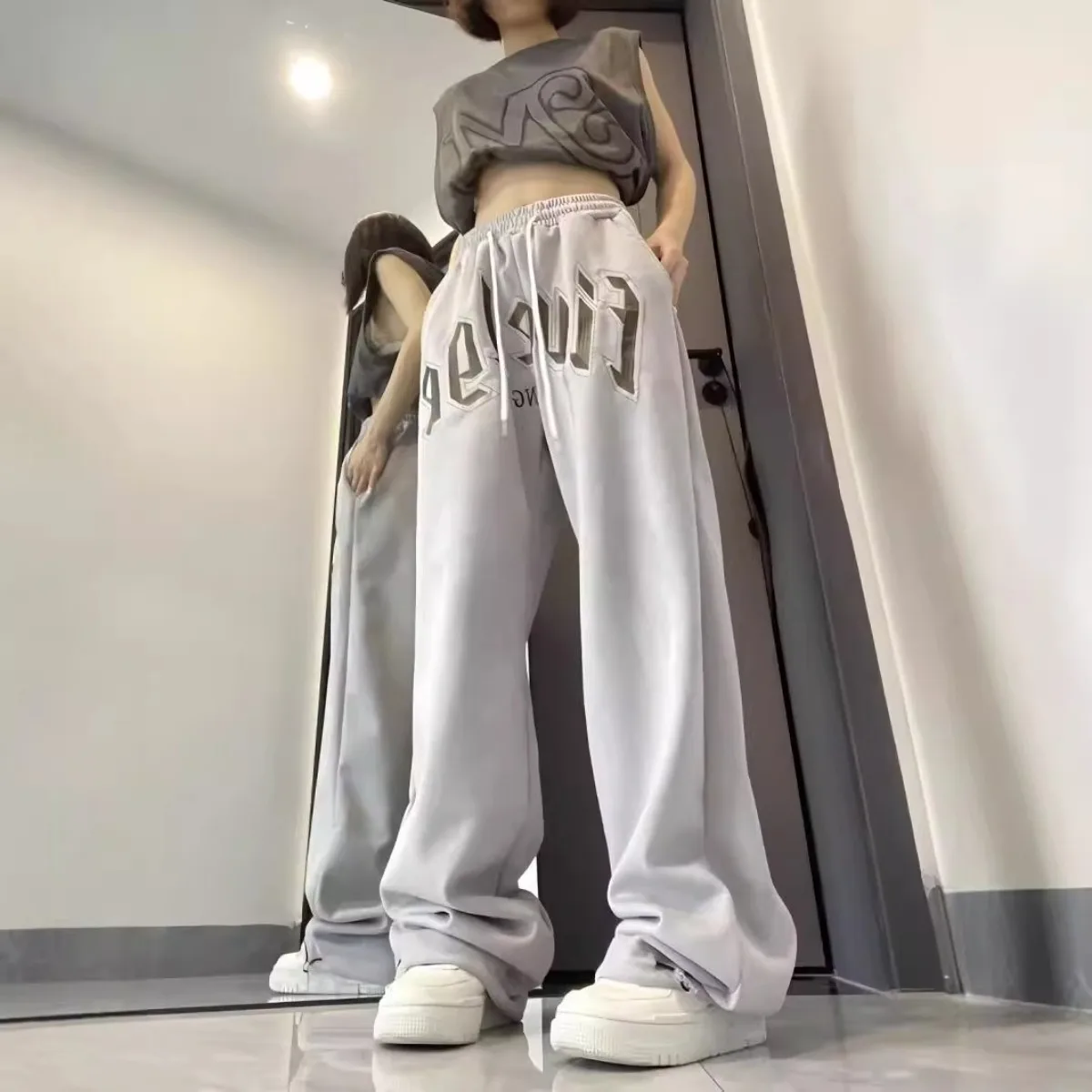 Summer Women Pants Solid Casual Pockets Wide Leg Trousers Fashion Drawstring Sweat Pants Ladies Straight Pants Trend Style